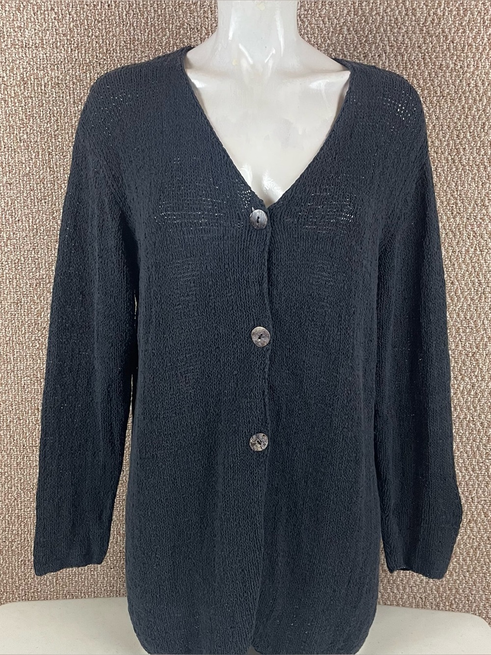 Margaret O’ Leary Cardigan Women’s M/L Blue Slub Textured Cotton Black C22